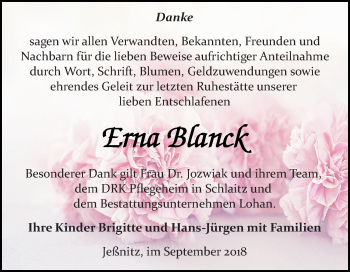 Traueranzeige von Erna Blanck von Mitteldeutsche Zeitung Bitterfeld