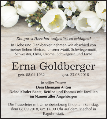 Traueranzeige von Erna Goldberger von Mitteldeutsche Zeitung Bitterfeld