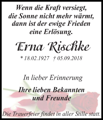 Traueranzeige von Erna Rischke von Mitteldeutsche Zeitung Dessau-Roßlau
