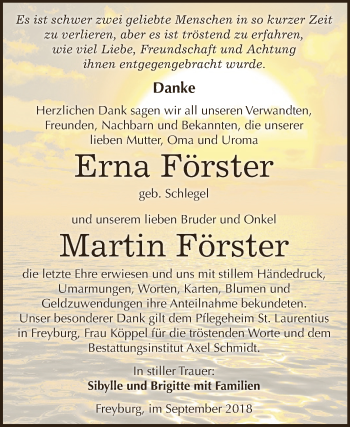 Traueranzeige von Erna und Martin Förster von WVG - Wochenspiegel NMB / WSF / ZTZ