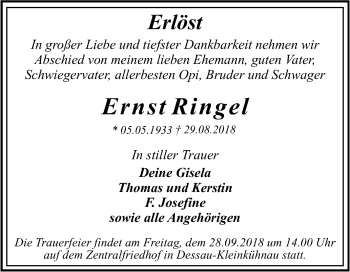 Traueranzeige von Ernst Ringel von Mitteldeutsche Zeitung Dessau-Roßlau