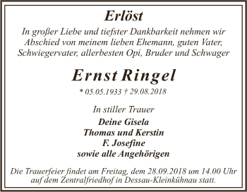 Traueranzeige von Ernst Ringel von WVG - Wochenspiegel Dessau / Köthen