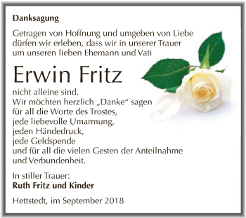 Traueranzeige von Erwin Fritz von Wochenspiegel Mansfelder Land