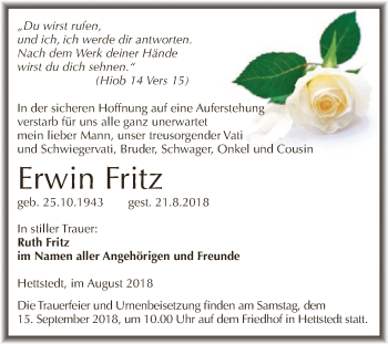 Traueranzeige von Erwin Fritz von Wochenspiegel Mansfelder Land