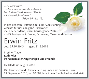 Traueranzeige von Erwin Fritz von Mitteldeutsche Zeitung
