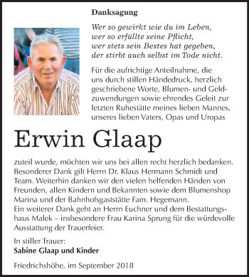 Traueranzeige von Erwin Glaap von Mitteldeutsche Zeitung