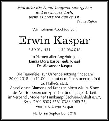 Traueranzeige von Erwin Kaspar von Mitteldeutsche Zeitung Halle/Saalkreis