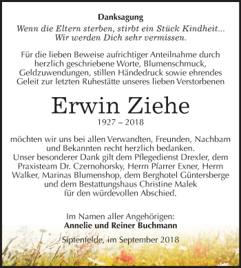 Traueranzeige von Erwin Ziehe von Mitteldeutsche Zeitung Quedlinburg