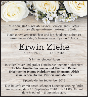 Traueranzeige von Erwin Ziehe von Mitteldeutsche Zeitung Quedlinburg