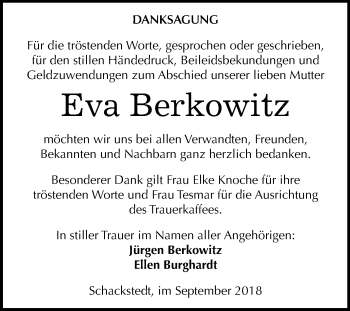 Traueranzeige von Eva Berkowitz von Mitteldeutsche Zeitung Aschersleben