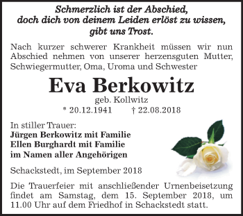 Traueranzeige von Eva Berkowitz von Mitteldeutsche Zeitung Aschersleben