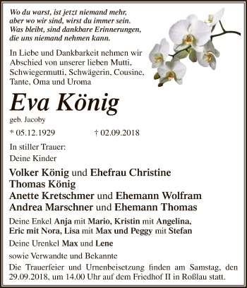 Traueranzeige von Eva König von WVG - Wochenspiegel Dessau / Köthen