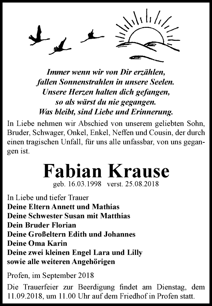  Traueranzeige für Fabian Krause vom 08.09.2018 aus Mitteldeutsche Zeitung Zeitz