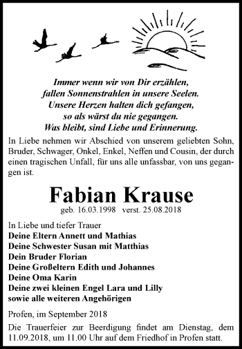 Traueranzeige von Fabian Krause von Mitteldeutsche Zeitung Zeitz