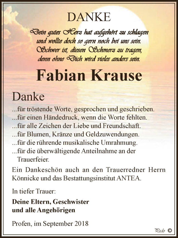  Traueranzeige für Fabian Krause vom 22.09.2018 aus Super Sonntag Zeitz