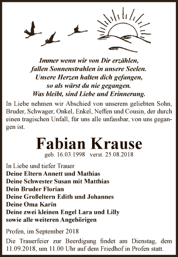 Traueranzeige von Fabian Krause von Super Sonntag Zeitz