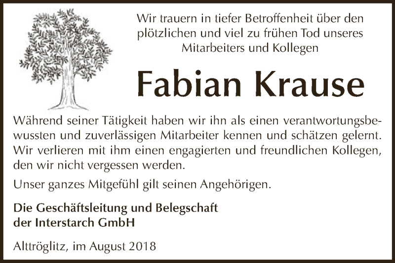  Traueranzeige für Fabian Krause vom 15.09.2018 aus Super Sonntag Zeitz