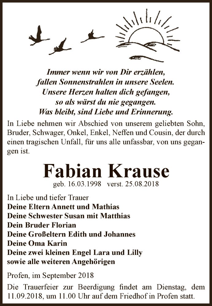  Traueranzeige für Fabian Krause vom 08.09.2018 aus Super Sonntag Zeitz
