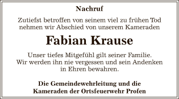 Traueranzeige von Fabian Krause von Super Sonntag Zeitz