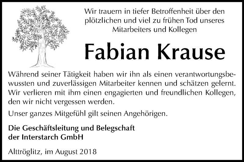  Traueranzeige für Fabian Krause vom 13.09.2018 aus Mitteldeutsche Zeitung Zeitz