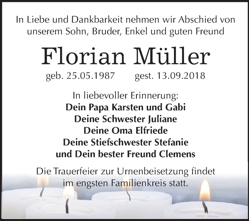  Traueranzeige für Florian Müller vom 26.09.2018 aus Mitteldeutsche Zeitung Halle/Saalkreis