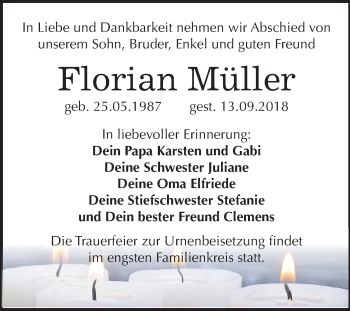 Traueranzeige von Florian Müller von Mitteldeutsche Zeitung Halle/Saalkreis