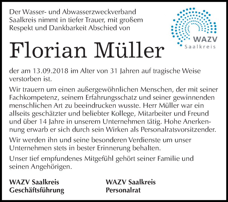  Traueranzeige für Florian Müller vom 29.09.2018 aus Mitteldeutsche Zeitung Halle/Saalkreis