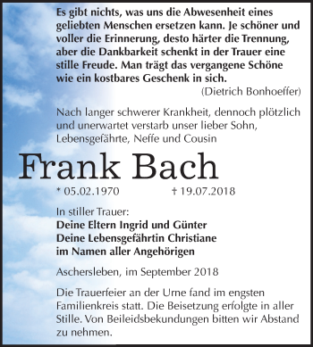 Traueranzeige von Frank Bach von Mitteldeutsche Zeitung Aschersleben