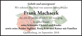 Traueranzeige von Frank Machacek von Mitteldeutsche Zeitung Quedlinburg