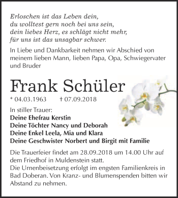 Traueranzeige von Frank Schüler von WVG - Wochenspiegel Bitterfeld