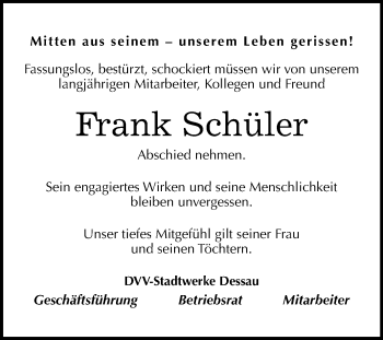 Traueranzeige von Frank Schüler von Mitteldeutsche Zeitung Bitterfeld