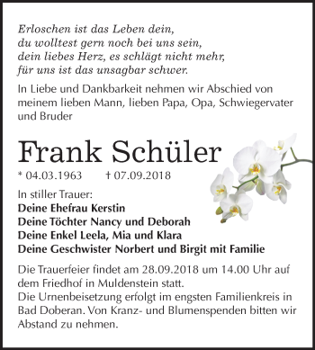 Traueranzeige von Frank Schüler von Mitteldeutsche Zeitung Bitterfeld