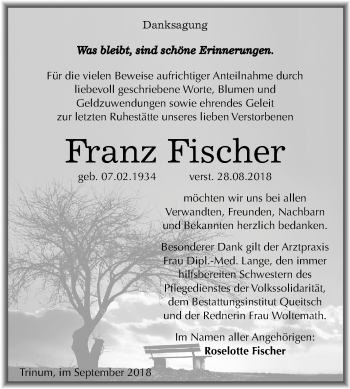 Traueranzeige von Franz Fischer von Mitteldeutsche Zeitung Köthen