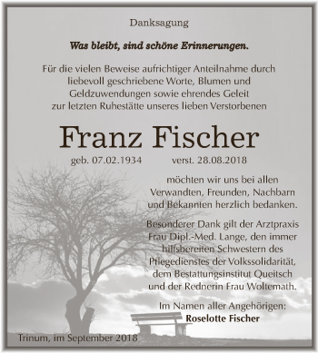 Traueranzeige von Franz Fischer von WVG - Wochenspiegel Dessau / Köthen