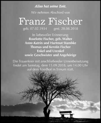 Traueranzeige von Franz Fischer von Mitteldeutsche Zeitung Köthen