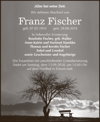 Traueranzeige von Franz Fischer von WVG - Wochenspiegel Dessau / Köthen