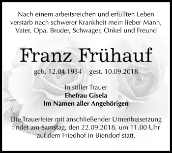 Traueranzeige von Franz Frühauf von Mitteldeutsche Zeitung Bernburg