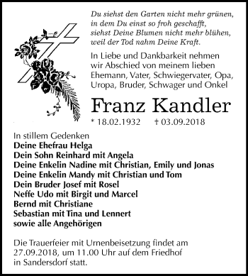 Traueranzeige von Franz Kandler von Mitteldeutsche Zeitung Bitterfeld