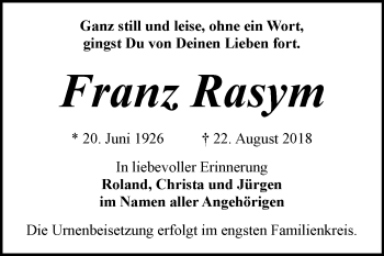 Traueranzeige von Franz Rasym von Mitteldeutsche Zeitung Bitterfeld