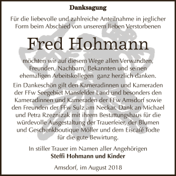 Traueranzeige von Fred Hohmann von Super Sonntag SGH Mansf. Land