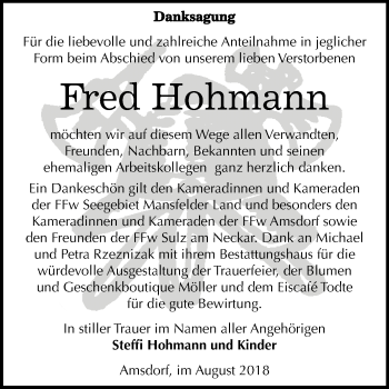 Traueranzeige von Fred Hohmann von Mitteldeutsche Zeitung