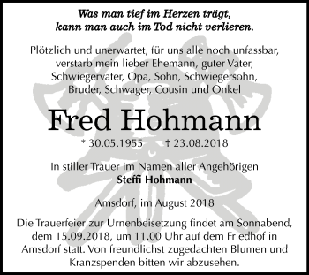 Traueranzeige von Fred Hohmann von Mitteldeutsche Zeitung