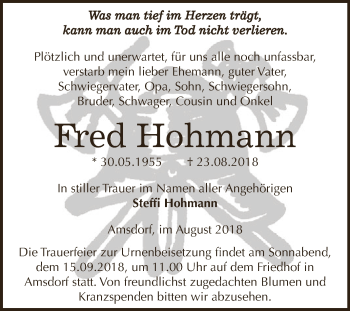 Traueranzeige von Fred Hohmann von Super Sonntag SGH Mansf. Land