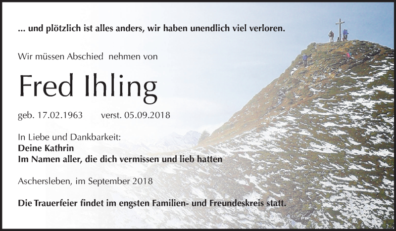  Traueranzeige für Fred Ihling vom 08.09.2018 aus Mitteldeutsche Zeitung Aschersleben