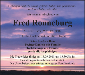 Traueranzeige von Fred Ronneburg von WVG - Wochenspiegel Bitterfeld