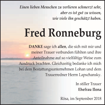 Traueranzeige von Fred Ronneburg von WVG - Wochenspiegel Bitterfeld