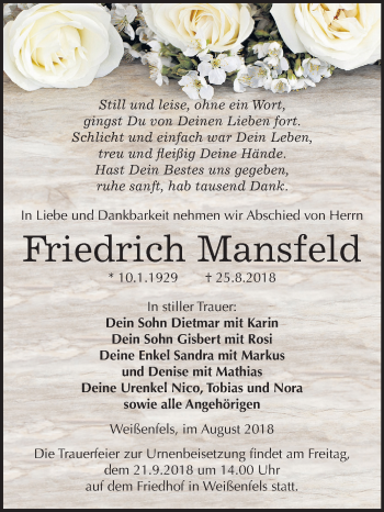 Traueranzeige von Friedrich Mansfeld von Mitteldeutsche Zeitung Weißenfels