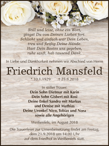 Traueranzeige von Friedrich Mansfeld von WVG - Wochenspiegel NMB / WSF / ZTZ