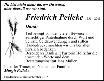 Traueranzeige von Friedrich Peileke von Mitteldeutsche Zeitung Aschersleben