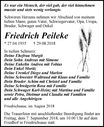 Traueranzeige von Friedrich Peileke von Mitteldeutsche Zeitung Aschersleben